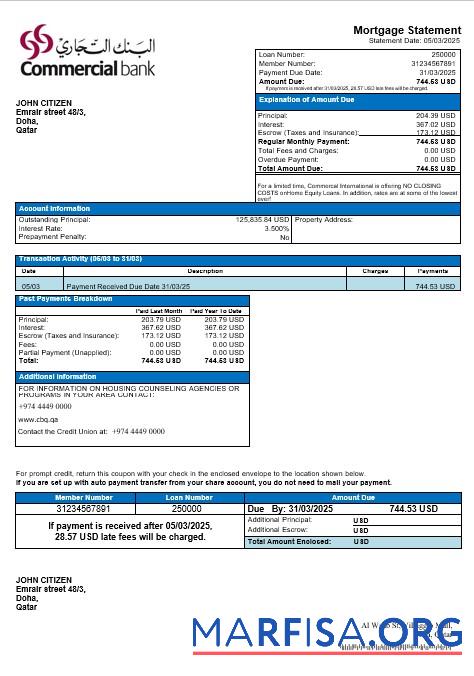Printable Qatar Commercal mortgage statement in Word and PDF formats template